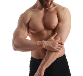 Man with muscular body on white background, closeup