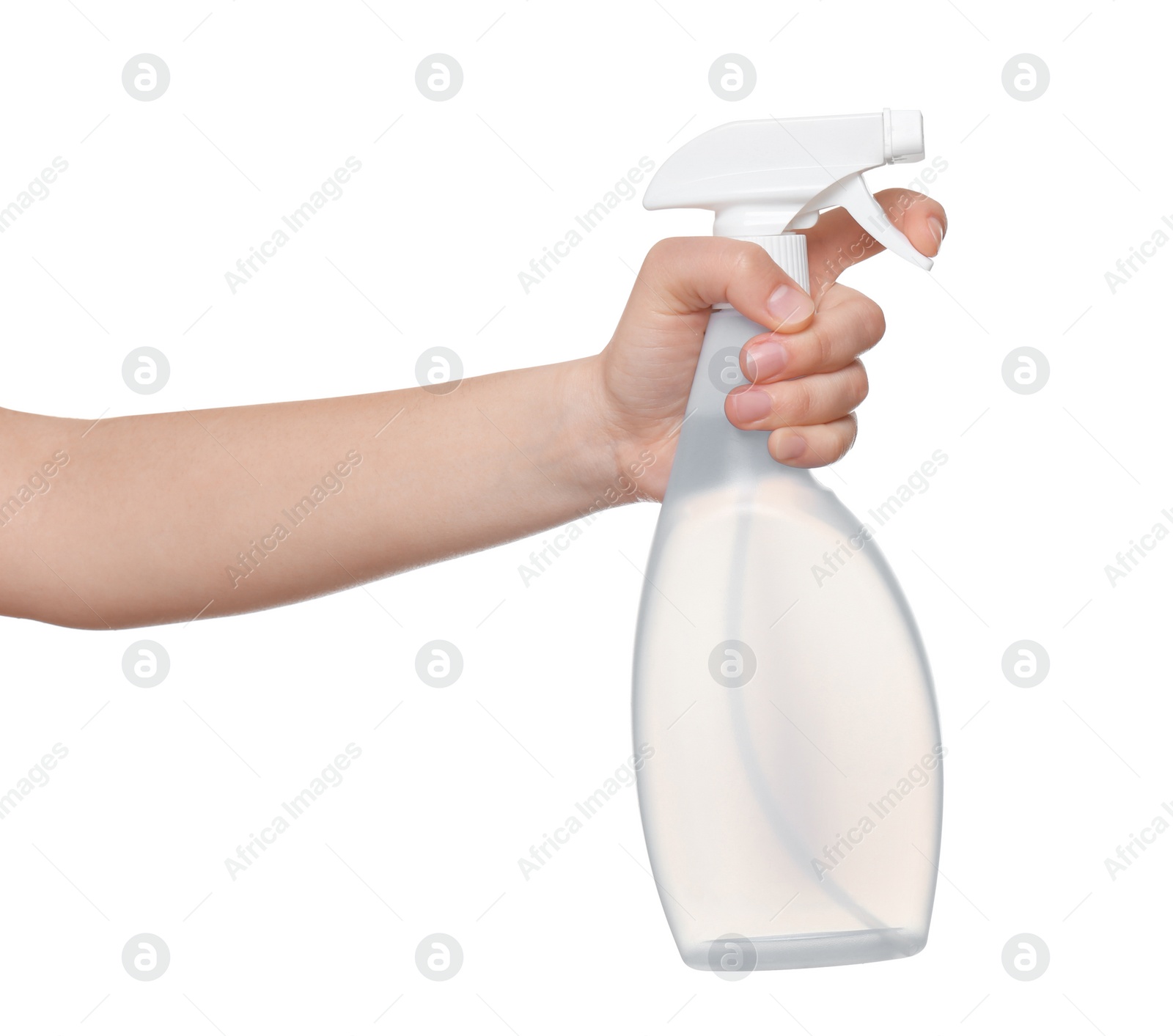 Image of Woman holding spray bottle with detergent on white background, closeup