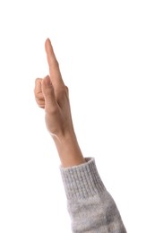 Photo of Woman pointing with index finger on white background, closeup