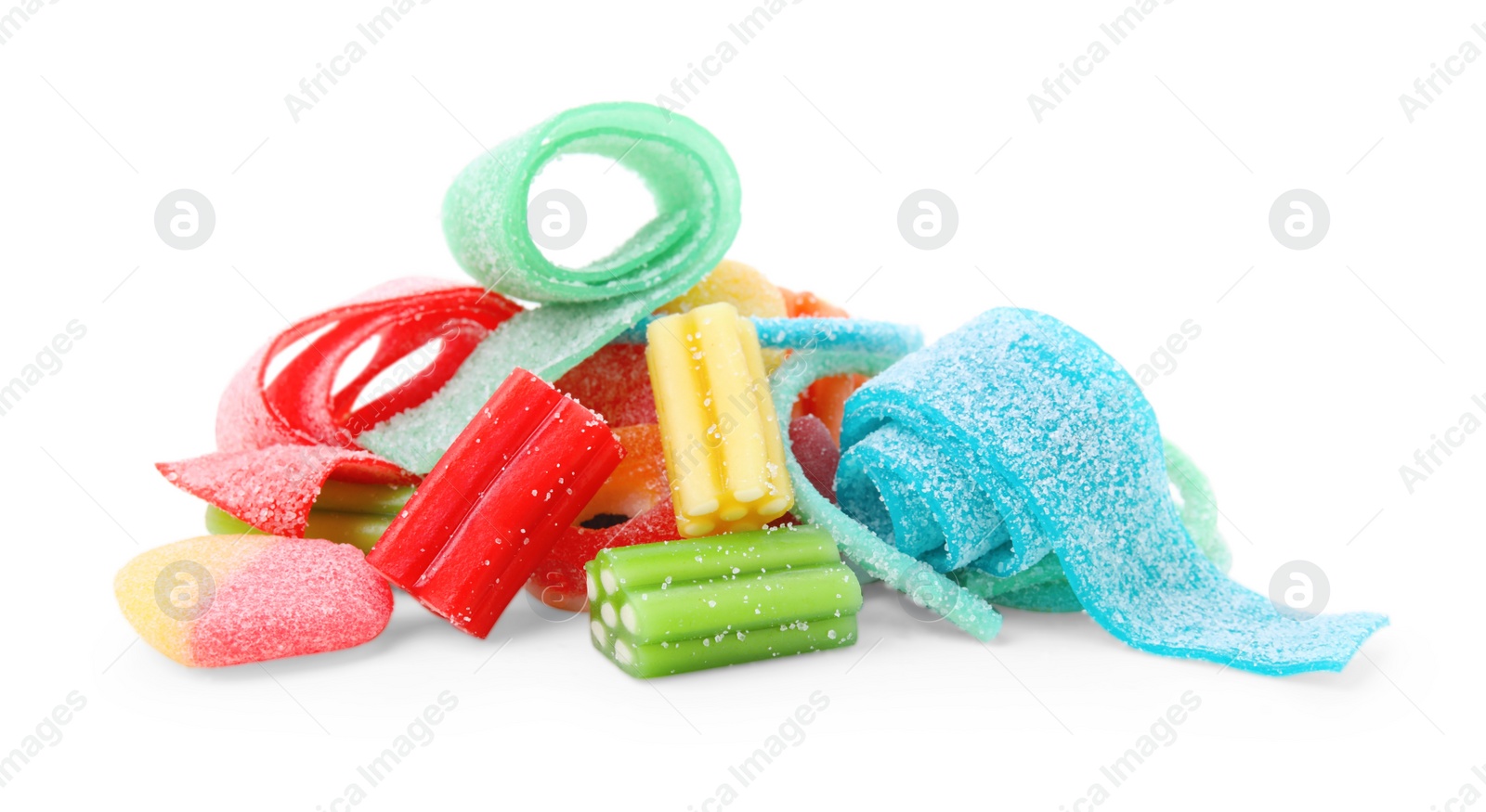 Photo of Pile of tasty colorful jelly candies on white background