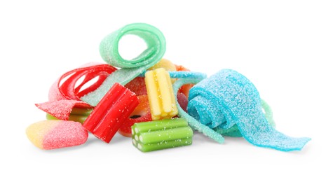 Pile of tasty colorful jelly candies on white background