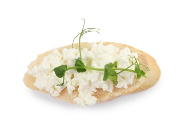 Photo of Bread with cottage cheese and microgreens on white background, top view