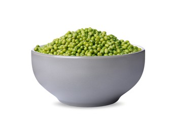 Bowl with green mung beans isolated on white. Organic grains