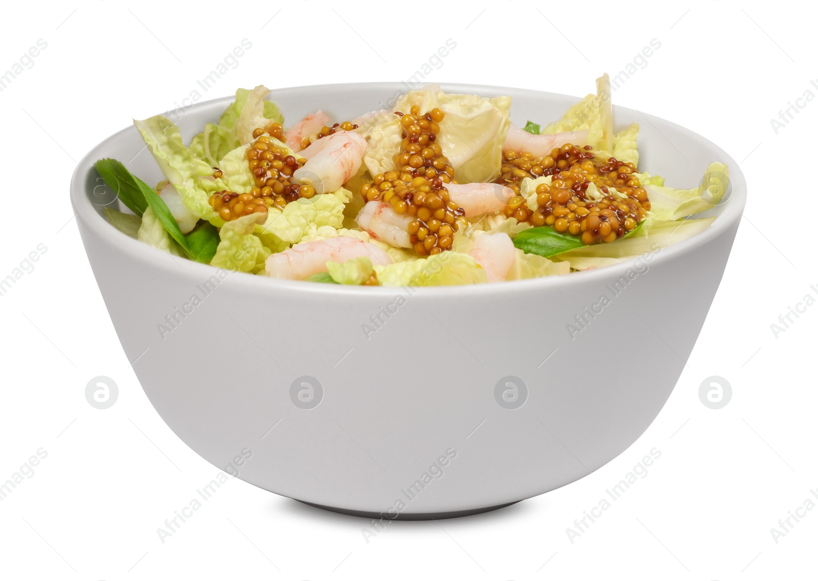 Photo of Delicious salad with Chinese cabbage, shrimps and mustard seed dressing isolated on white