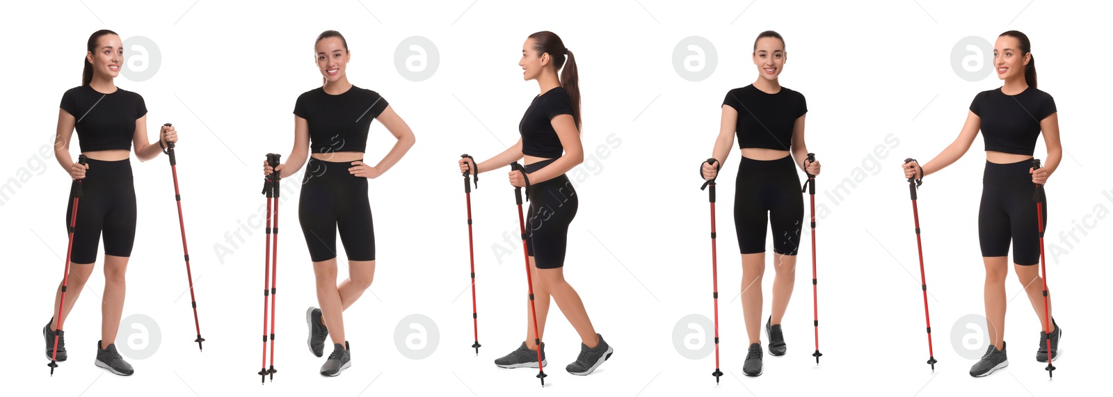 Image of Sporty woman with Nordic walking poles on white background, collage with photos