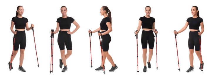 Sporty woman with Nordic walking poles on white background, collage with photos