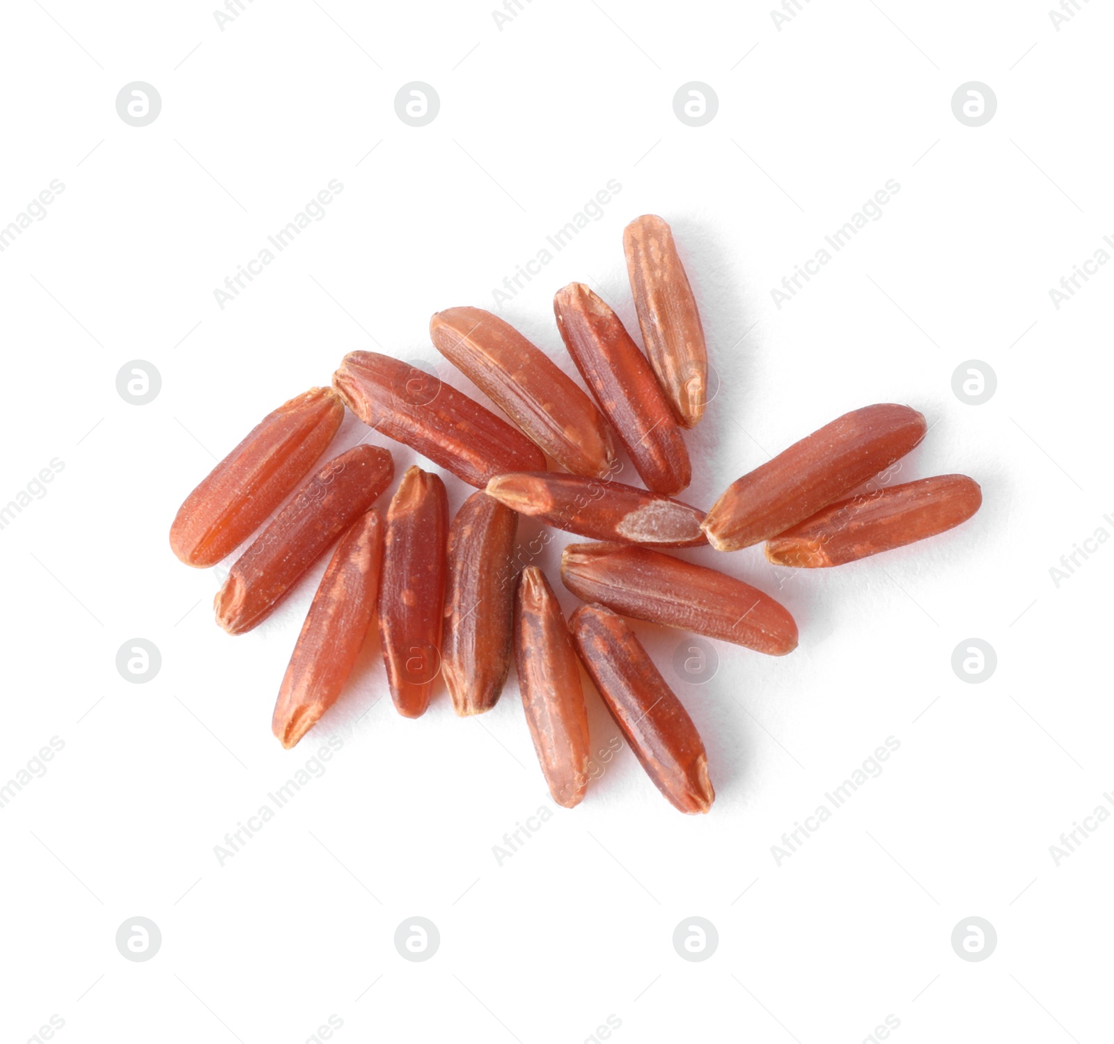 Photo of Uncooked brown rice isolated on white, top view