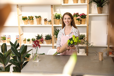Photo of Professional florist with bouquet of fresh flowers in shop