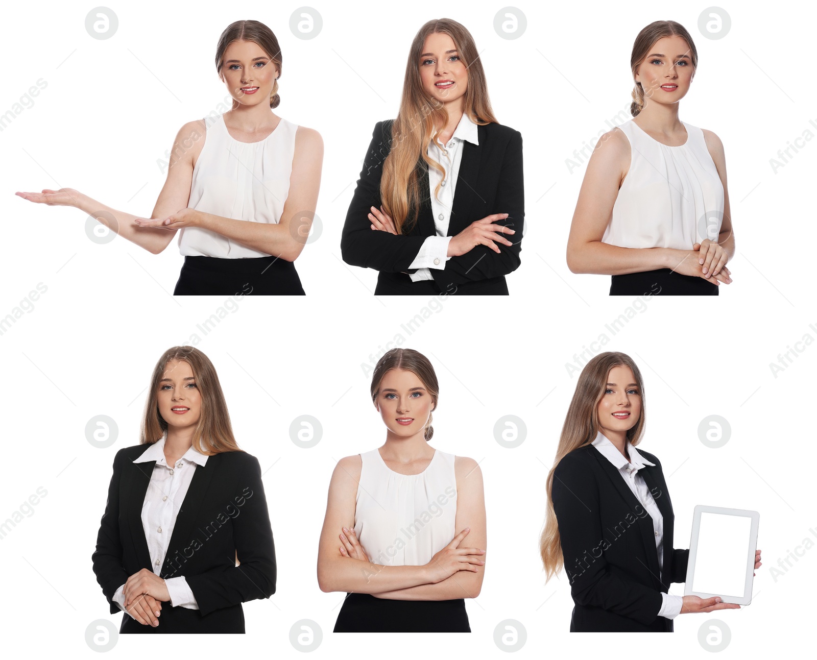 Image of Collage with photos of hostess in uniform on white background