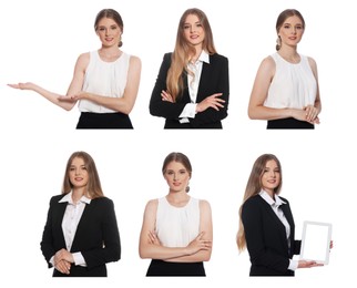 Collage with photos of hostess in uniform on white background