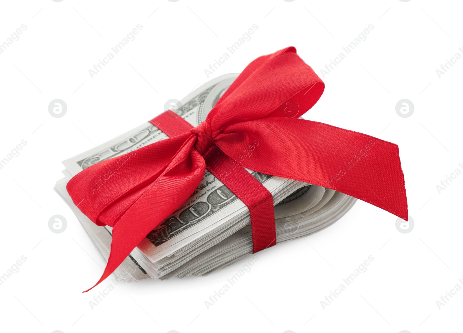 Photo of Dollar banknotes with red ribbon isolated on white