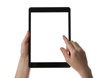 Woman using tablet computer with blank screen on white background, closeup. Modern gadget