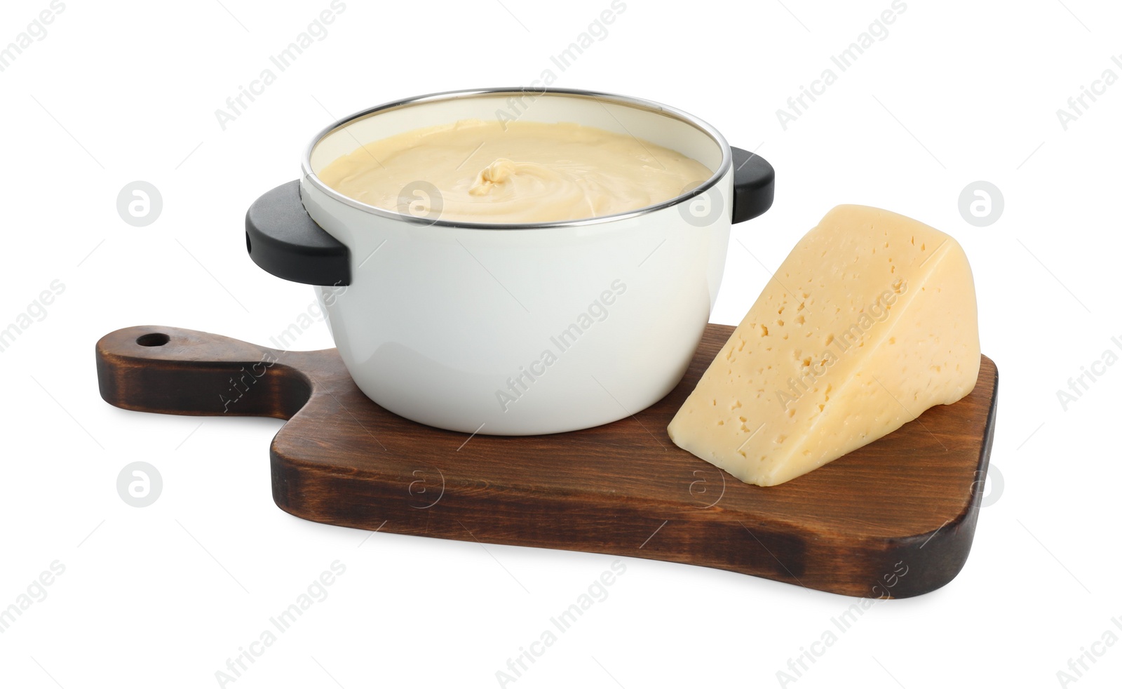 Photo of Fondue with tasty melted cheese and piece isolated on white