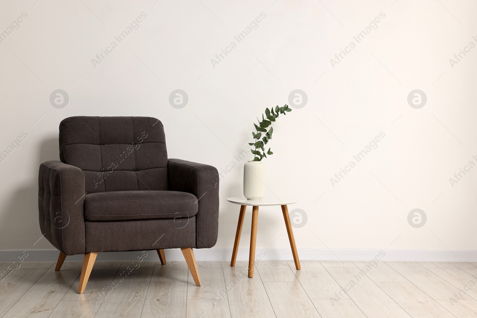 Photo of Comfortable armchair, side table and eucalyptus near white wall indoors, space for text