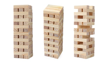 Image of Set of Jenga towers on white background