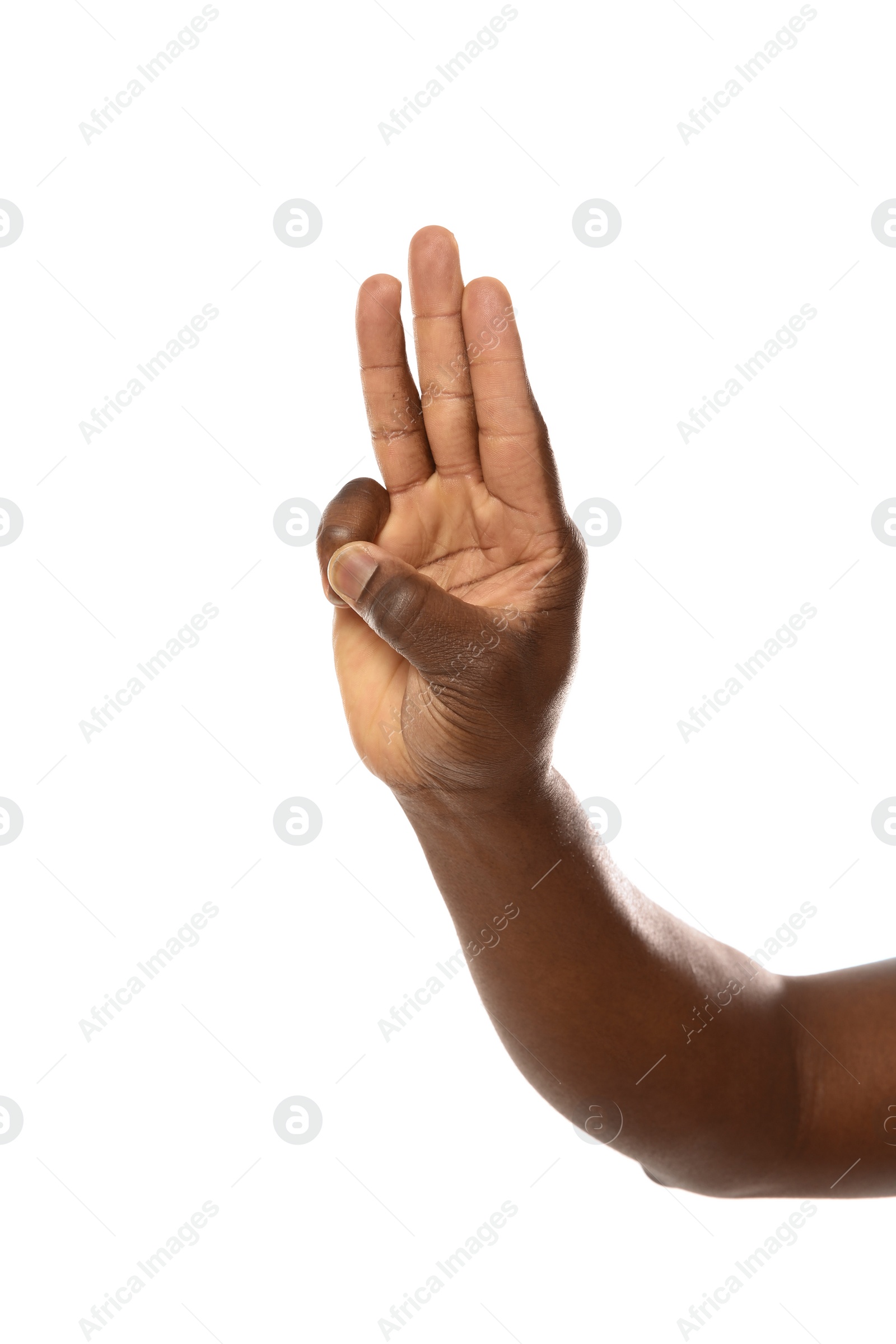 Photo of African-American man showing hand gesture on white background, closeup