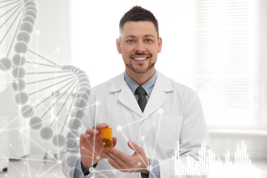 Image of Professional pharmacist in uniform with pills indoors