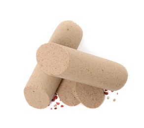 Photo of Delicious liverwurst with spices on white background, top view