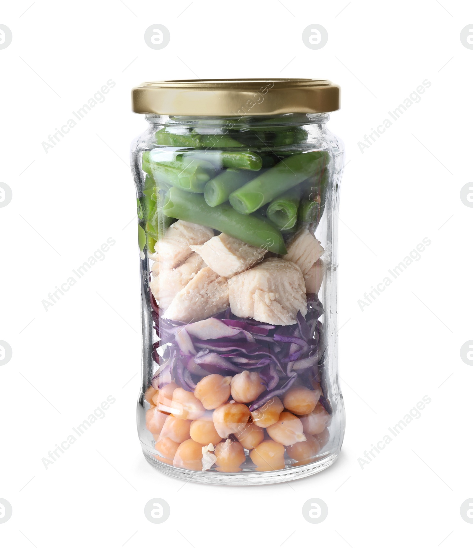 Photo of Glass jar with healthy meal isolated on white