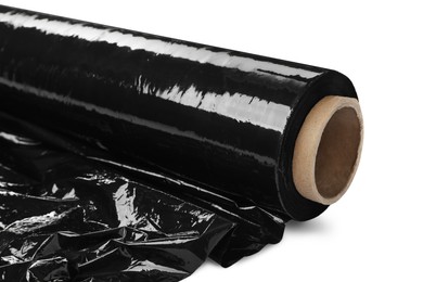 Photo of Roll of black plastic stretch wrap film isolated on white, closeup