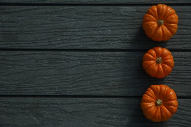 Photo of Many whole ripe pumpkins on wooden table, flat lay. Space for text