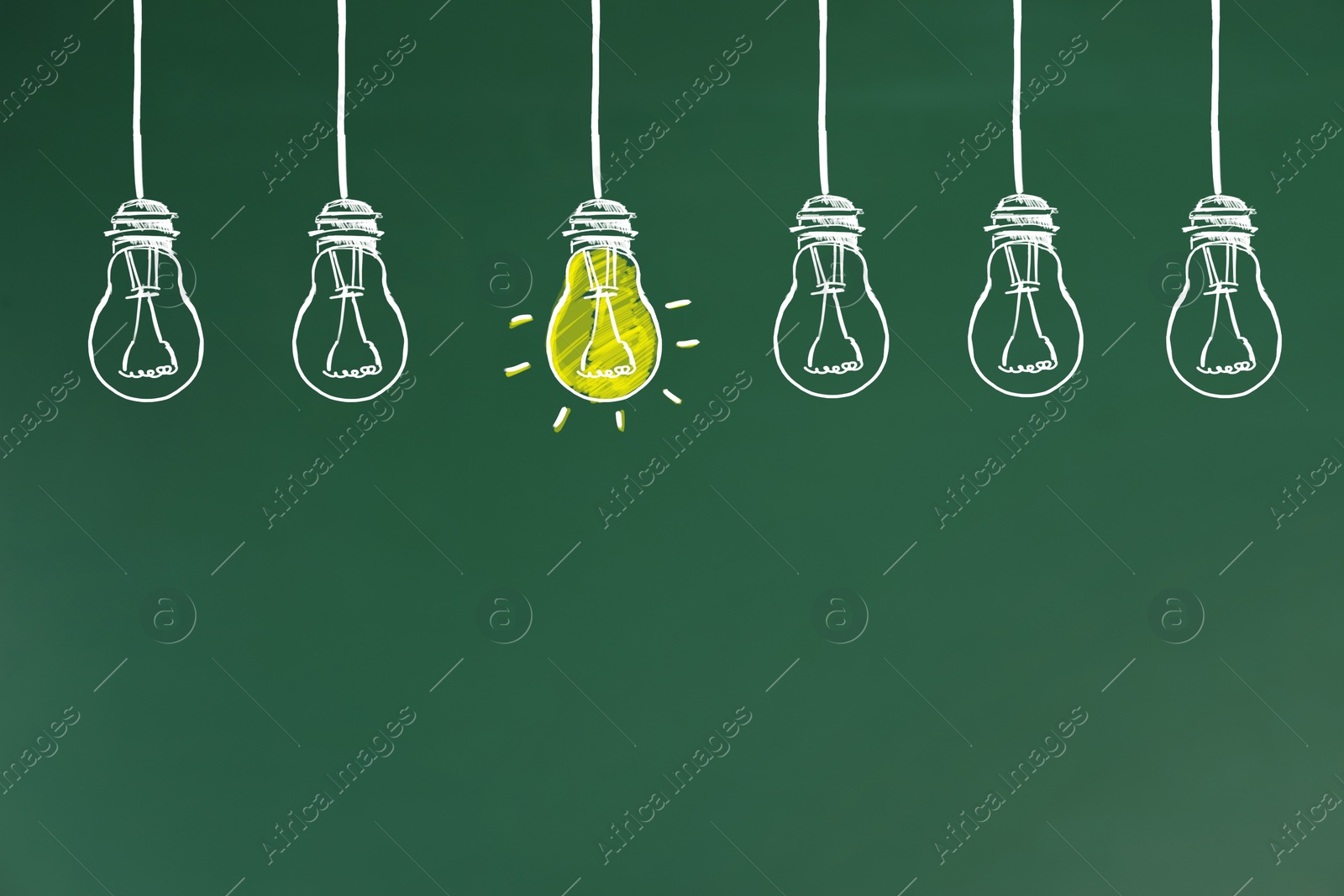 Image of Idea concept. Light bulbs drawn on green chalkboard