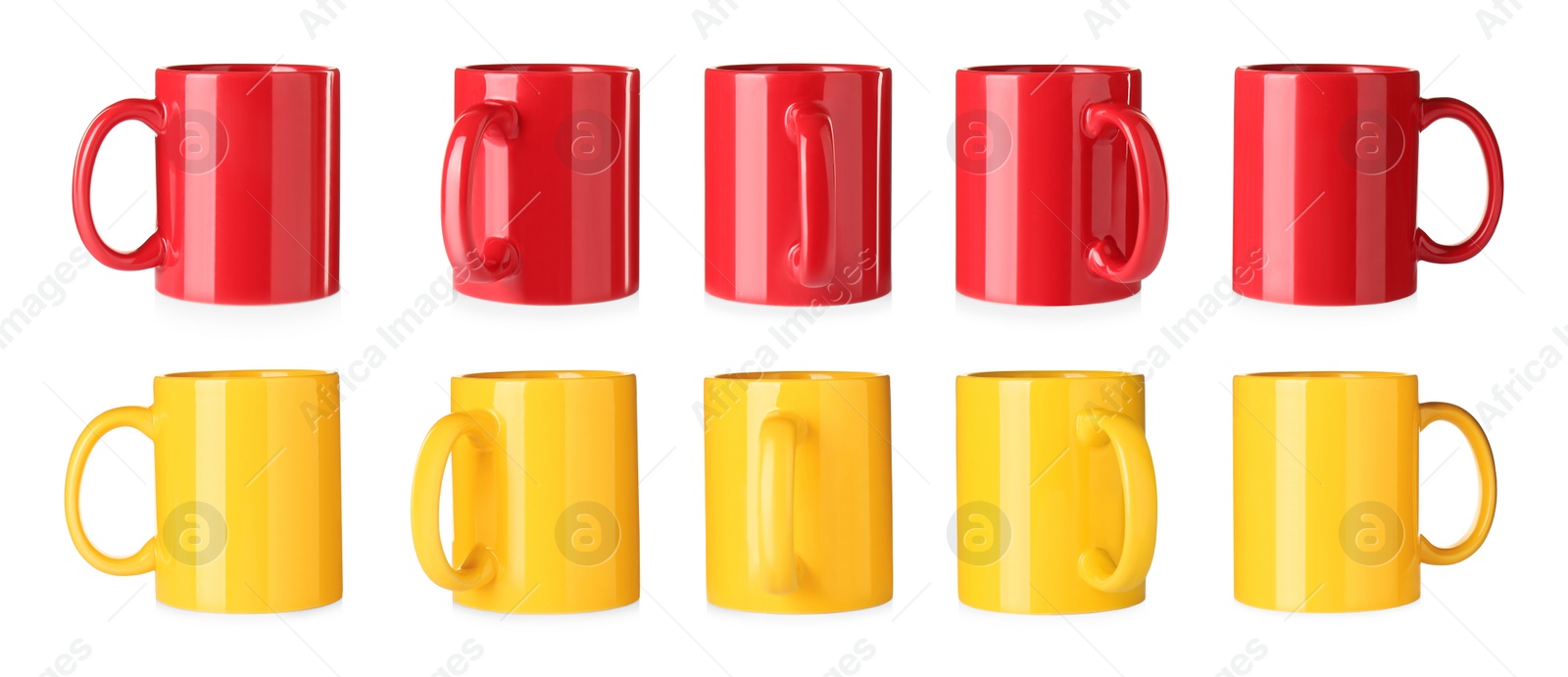 Image of Set with different ceramic mugs on white background. Banner design