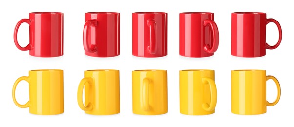 Image of Set with different ceramic mugs on white background. Banner design