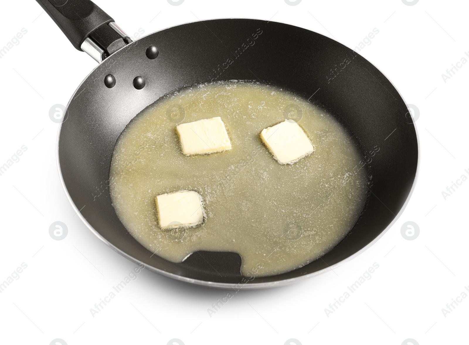 Photo of Melting butter in frying pan on white background