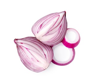Photo of Fresh red ripe onions isolated on white, top view