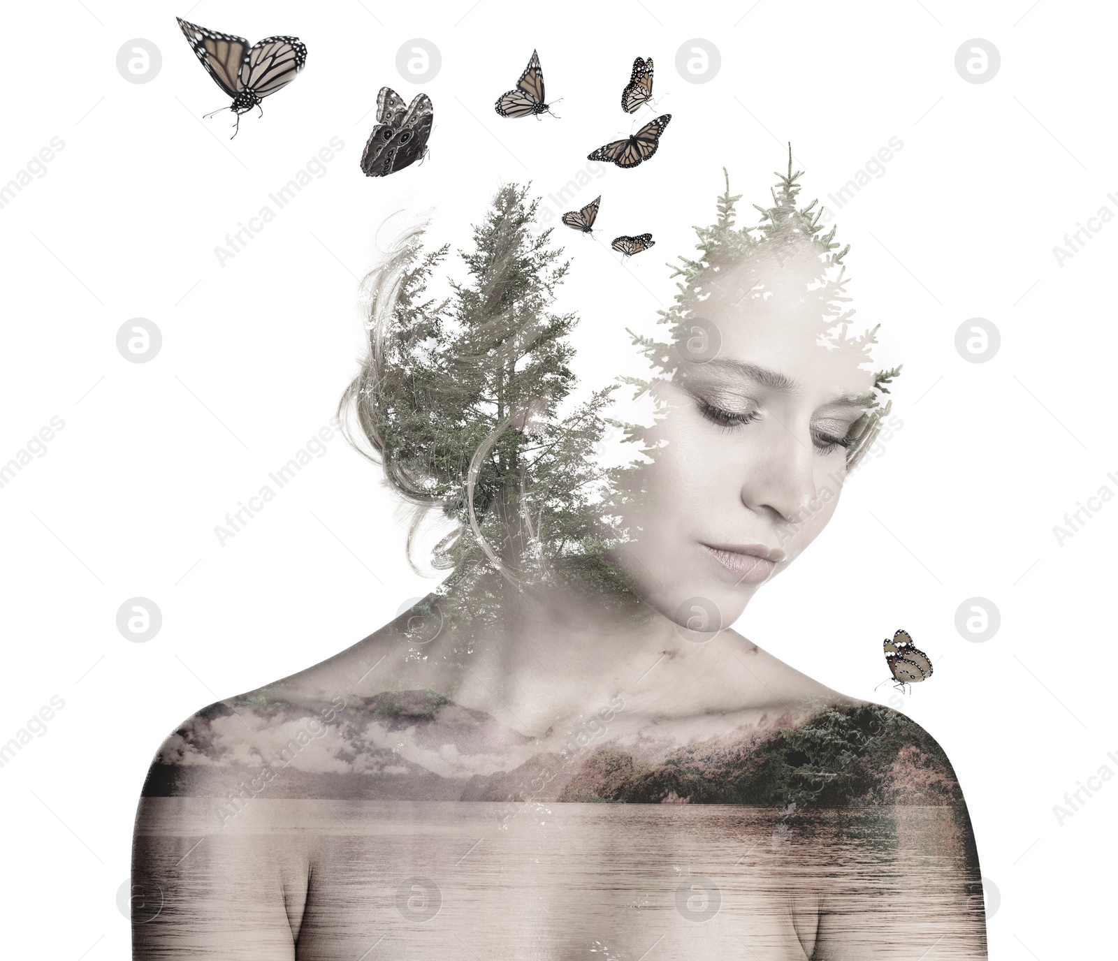 Image of Double exposure of beautiful woman and natural scenery on white background