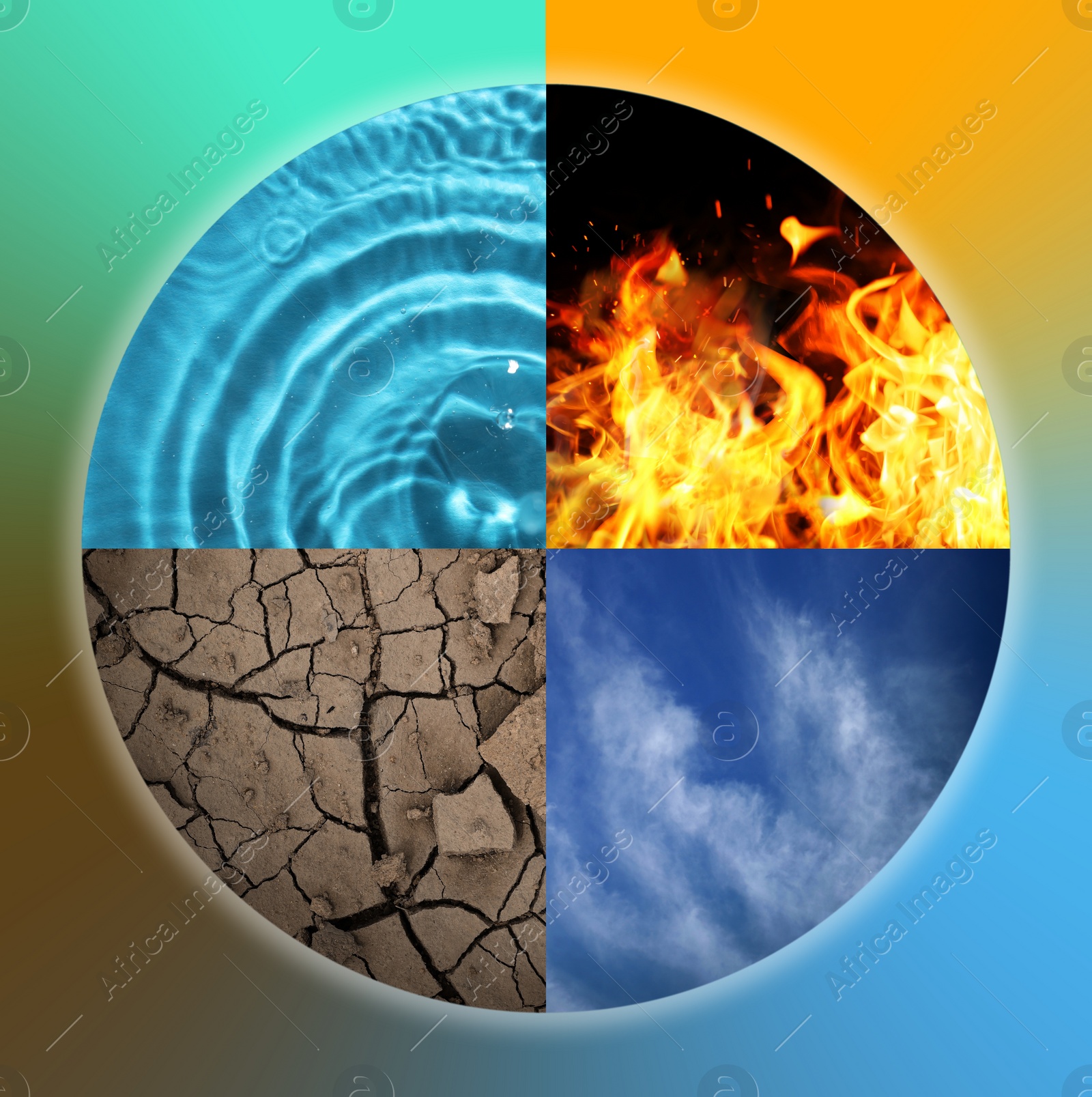 Image of Set of four elements on color background. Air, Earth, Fire and Water