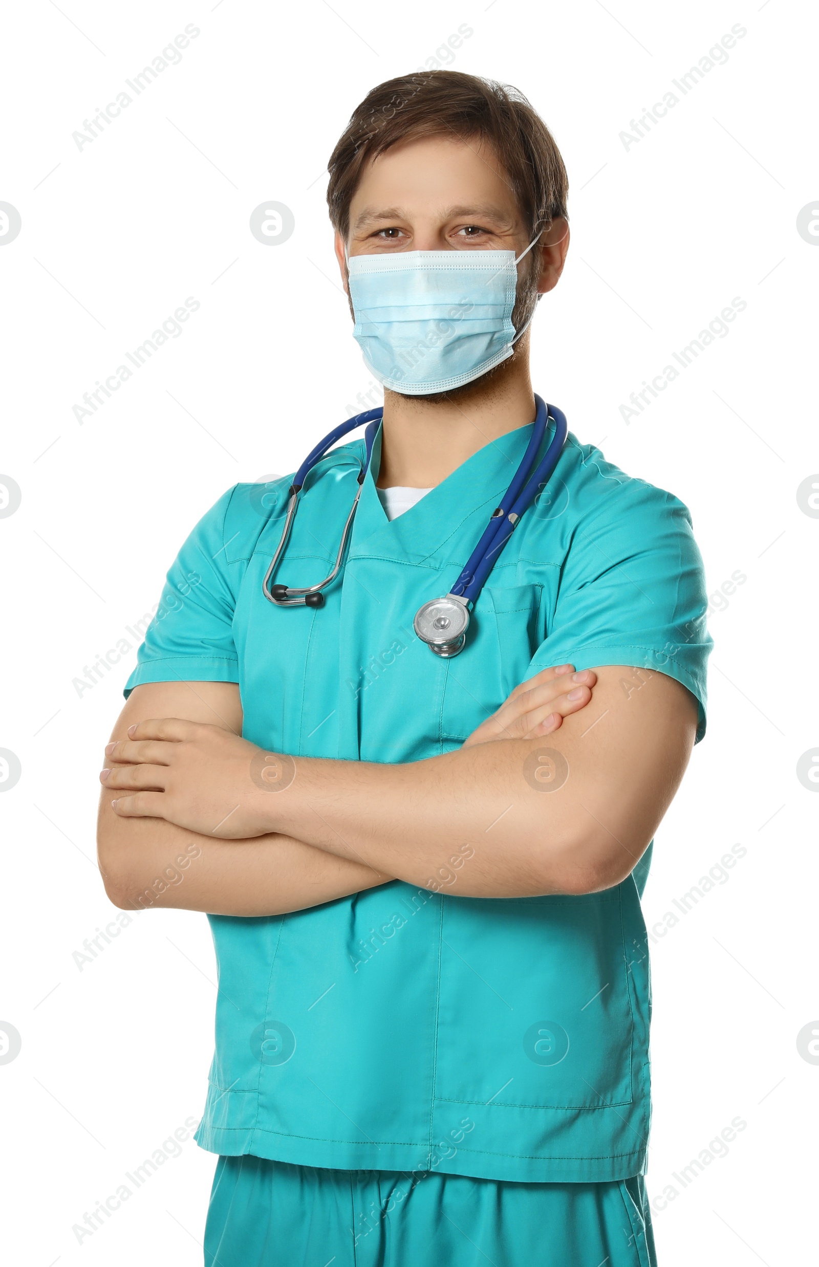 Photo of Doctor or medical assistant (male nurse) with protective mask and stethoscope on white background