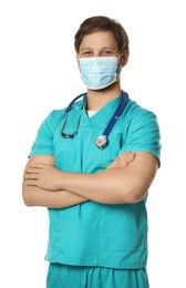 Photo of Doctor or medical assistant (male nurse) with protective mask and stethoscope on white background