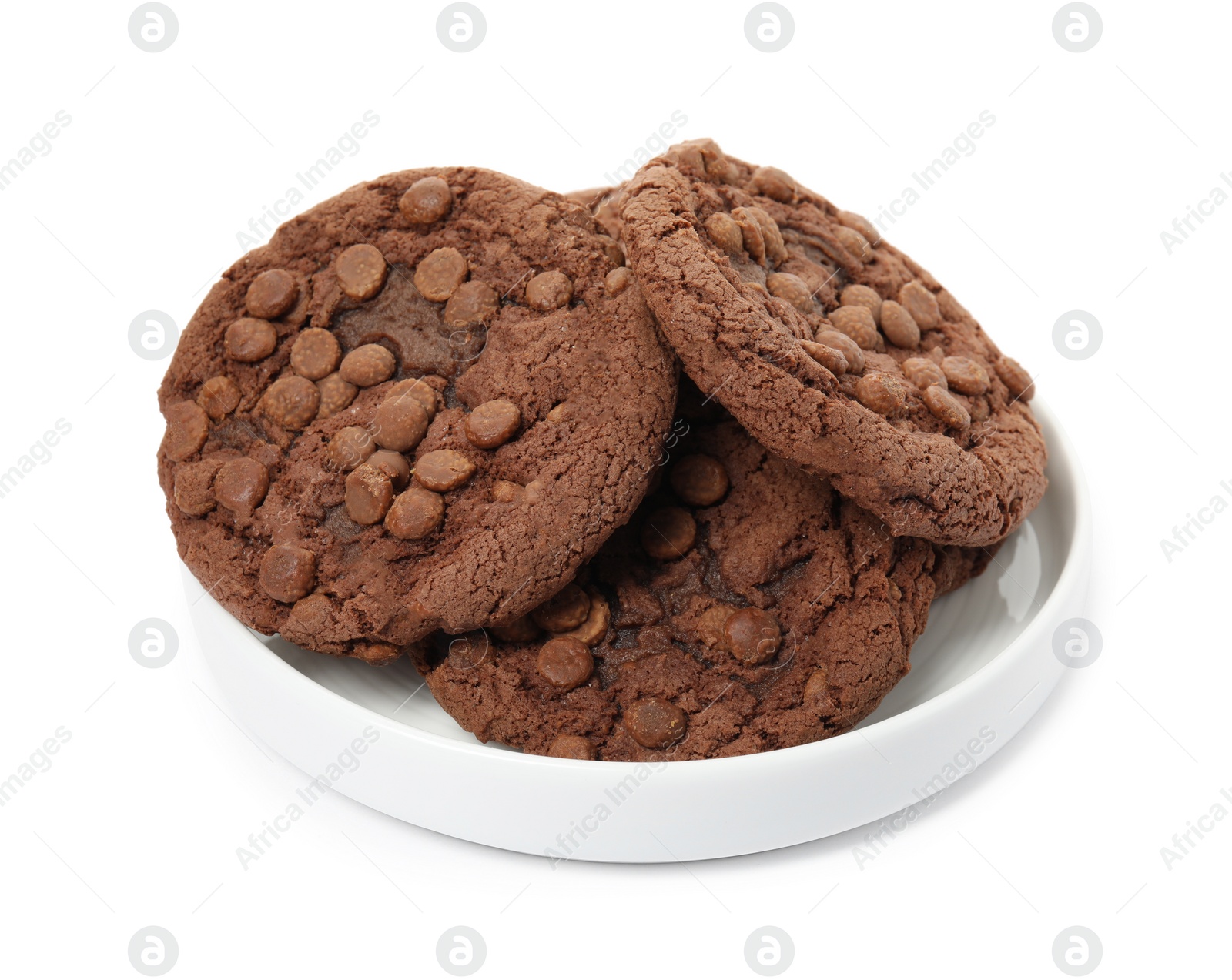 Photo of Plate of delicious chocolate chip cookies isolated on white