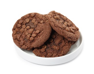 Photo of Plate of delicious chocolate chip cookies isolated on white