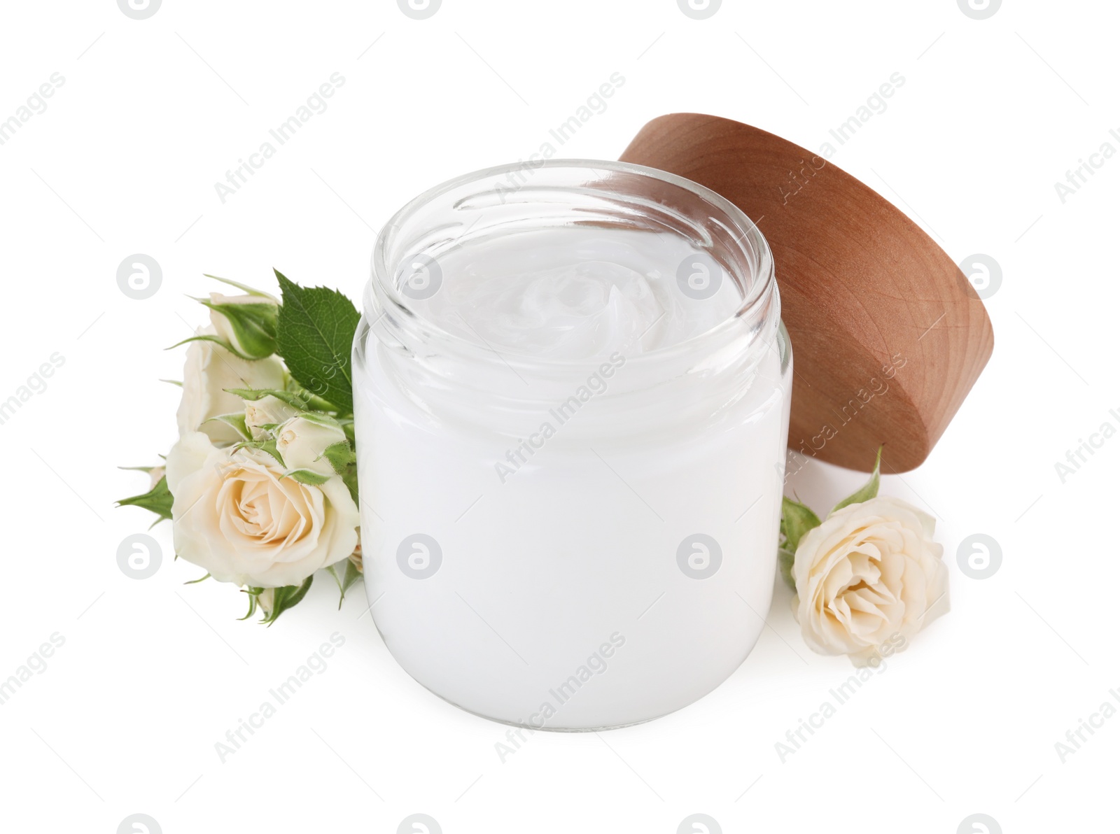 Photo of Jar of hand cream and roses on white background