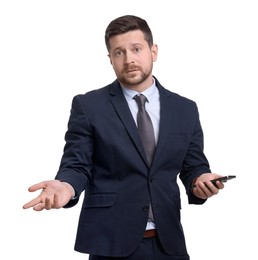 Handsome bearded businessman in suit using smartphone on white background