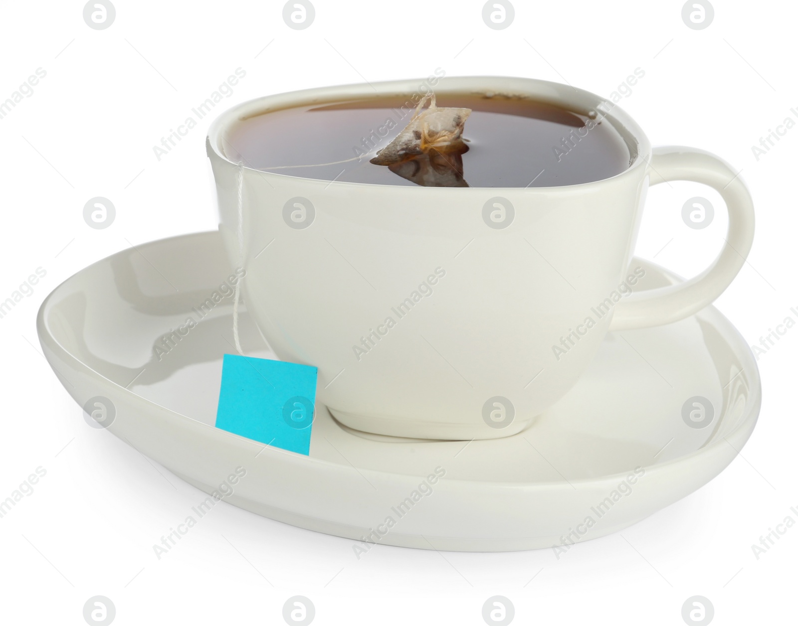 Photo of Tea bag in cup of hot water isolated on white