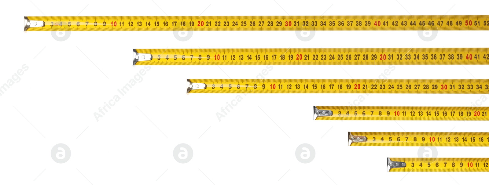 Image of Set with measuring tapes on white background, banner design