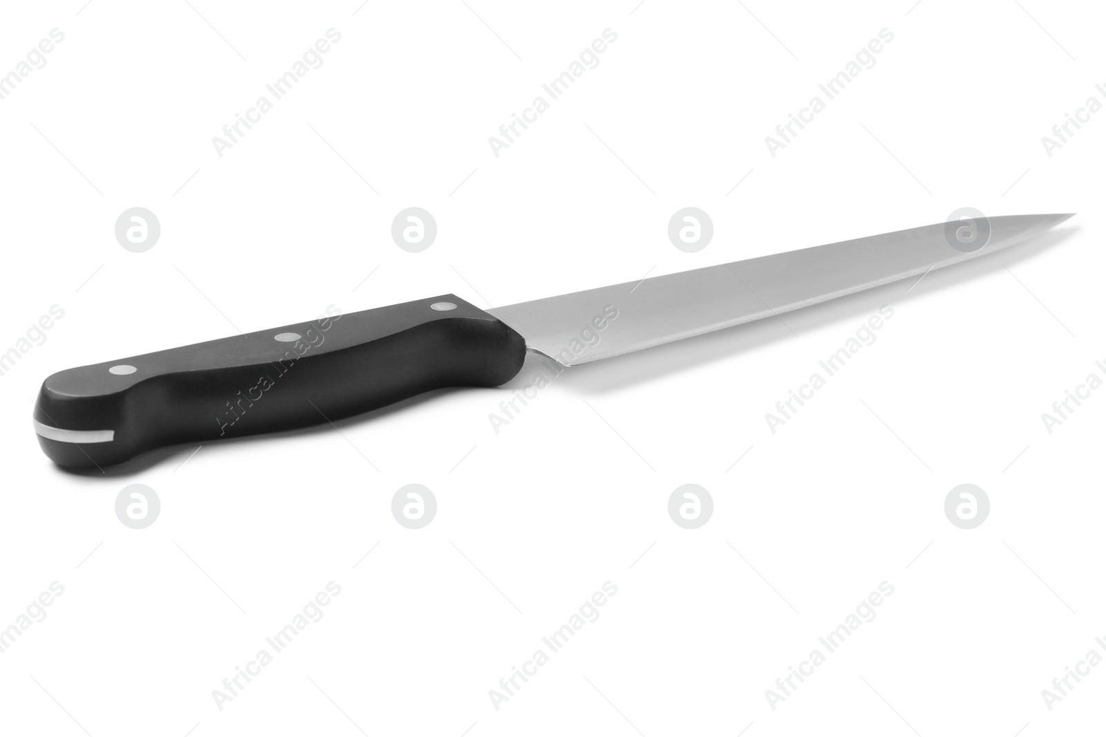 Photo of Sharp chef's knife with black handle isolated on white