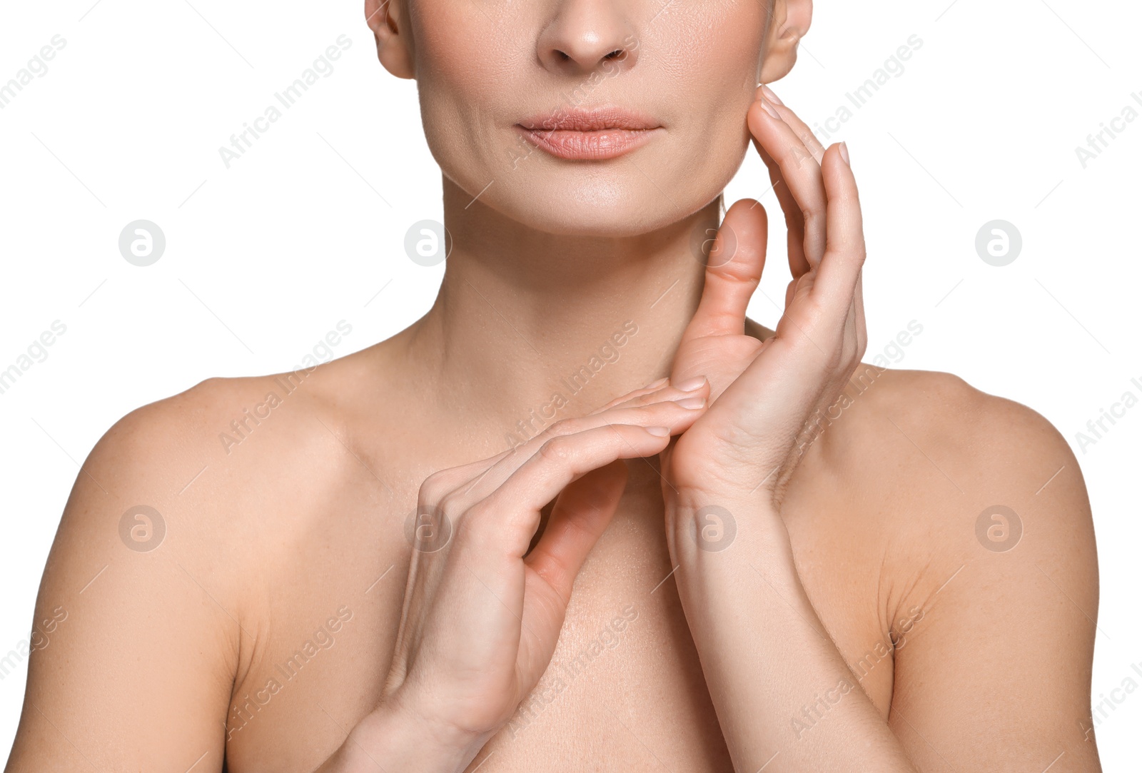 Photo of Beautiful woman with healthy skin on white background, closeup