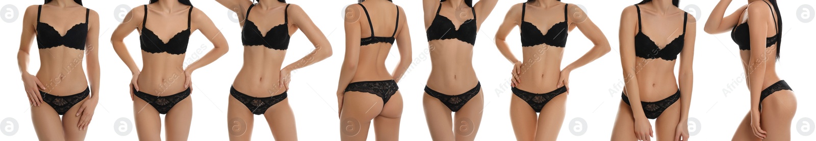 Image of Collage of young woman in black underwear isolated on white, closeup. Banner design 