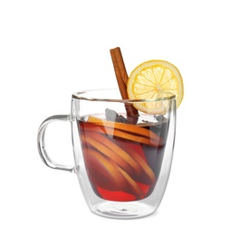 Photo of Glass cup of mulled wine with lemon isolated on white