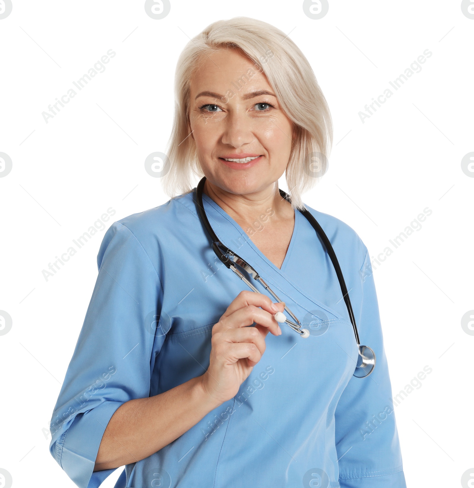 Photo of Portrait of female doctor in scrubs isolated on white. Medical staff