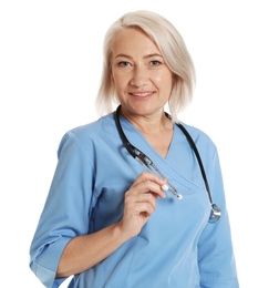 Photo of Portrait of female doctor in scrubs isolated on white. Medical staff