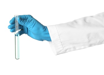 Photo of Scientist holding test tube with liquid on white background. Chemical research