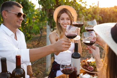 Friends clinking glasses of red wine in vineyard