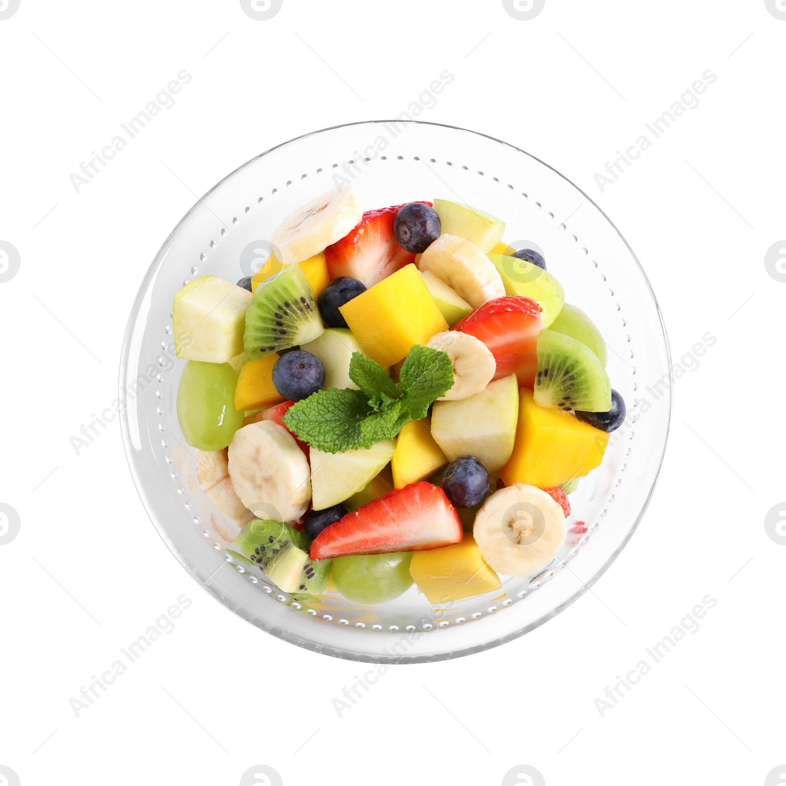 Photo of Delicious fresh fruit salad in bowl on white background, top view