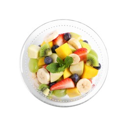 Delicious fresh fruit salad in bowl on white background, top view